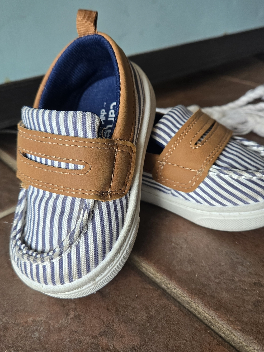 Carter's Toddler Navy Stripe Slip-On Loafer Boat Shoes with Tan Accent